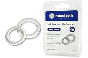 INSTOCKBOLTS Instockbolt M8 x 16mm OD Flat Washer, 18-8 (304) Stainless Steel Washers Flat, 100PCS