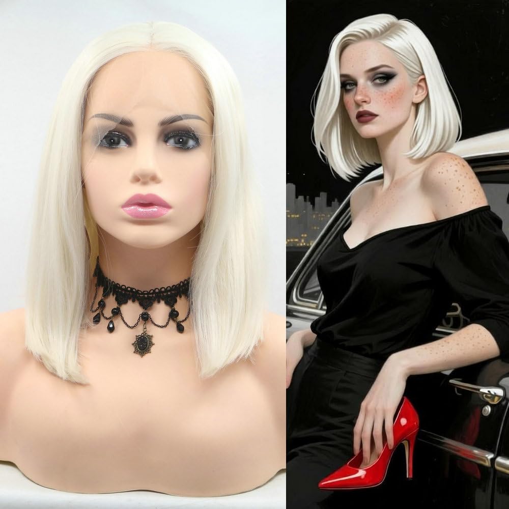 SERENEWIG 13x3" Hand-tied 60# Blonde Bob Wigs Lace Front Ice White Short Bob Wigs for White Women Cosplay Party Daily Use Synthetic Heat Resistant Fiber Hair 14" 250g Blonde Straight Neck Length Bob