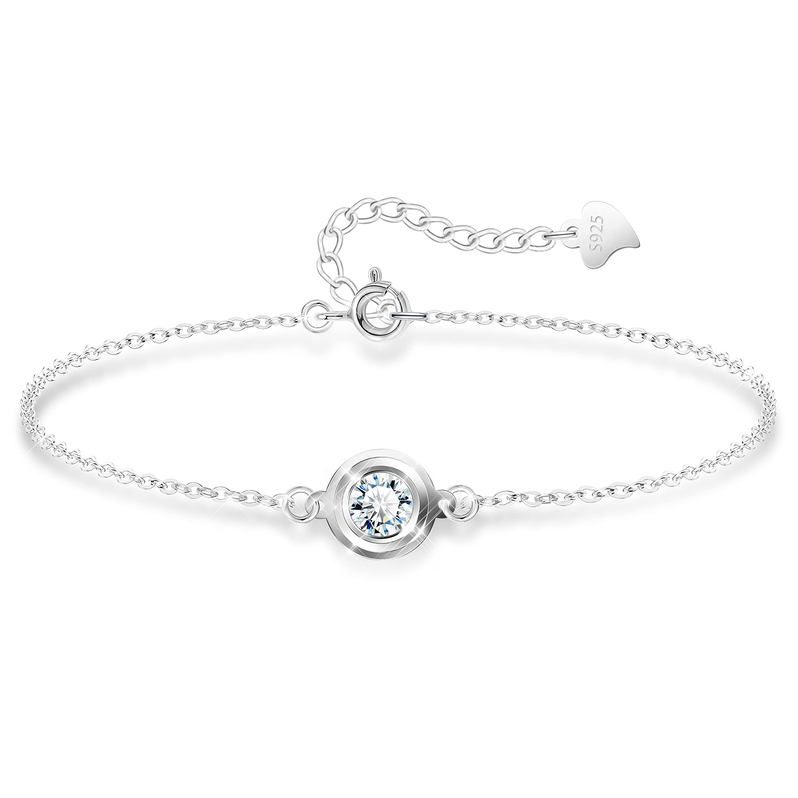 KristLand Women's Bracelet Sterling Silver 925 Silver Chain Adjustable Silver Bracelet with Round Cubic Zirconia Stone Party Gifts for Ladies Girls