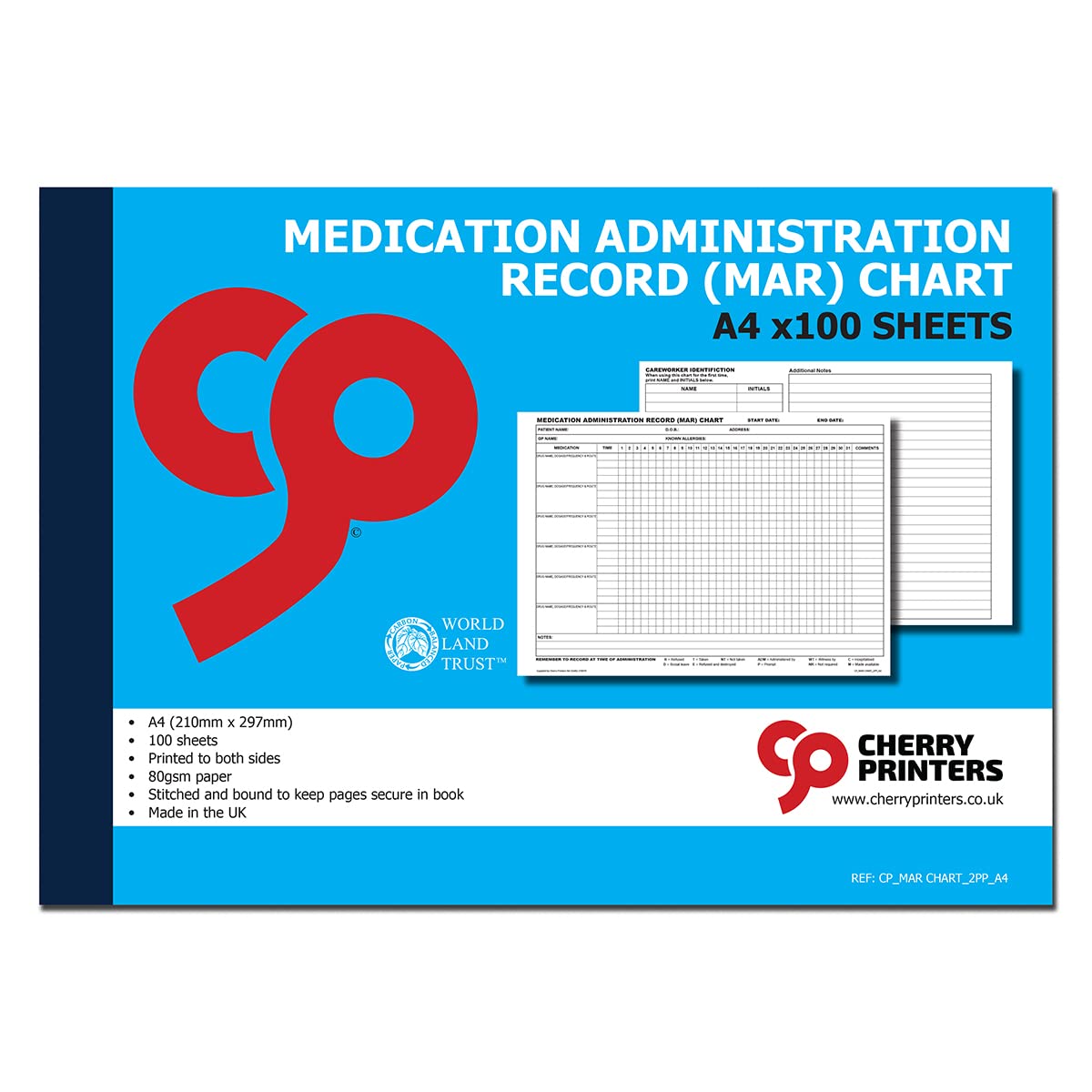Cherry MAR Chart (Medication Administration Record) Book A4 100pages 80gsm