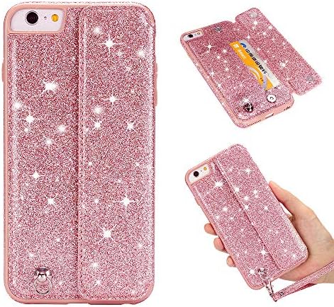 Ostop Bling Leather Wallet Case for iPhone 6S Plus,iPhone 6 Plus Case, Credit Card Holder Slim PU Shell with Kickstand,Magnetic Flip Cover with Wristlet Dual Layer Shockproof Protective-Glitter Pink