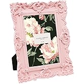 Laura Ashley 4x6 Pink Ornate Textured Hand-Crafted Resin Picture Frame with Easel & Hook for Tabletop & Wall Display, Decorat