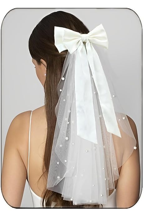 Short Veil Campsis Wedding Bow Veil White Bride Hair Veil Pearl