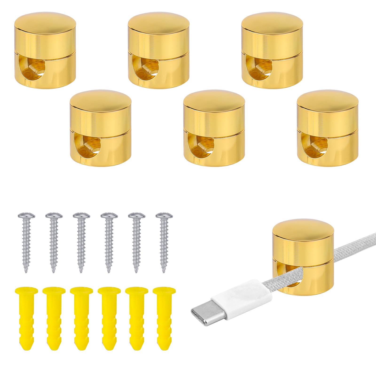 6pcs Cable Anchors for Desk Organization, Sturdy Aluminum Wire Organizer for 0.28 Inch Maximum Diameter Cables Charger Cable Management Clips Metal Cable Cords Holders for Home Office (Gold)