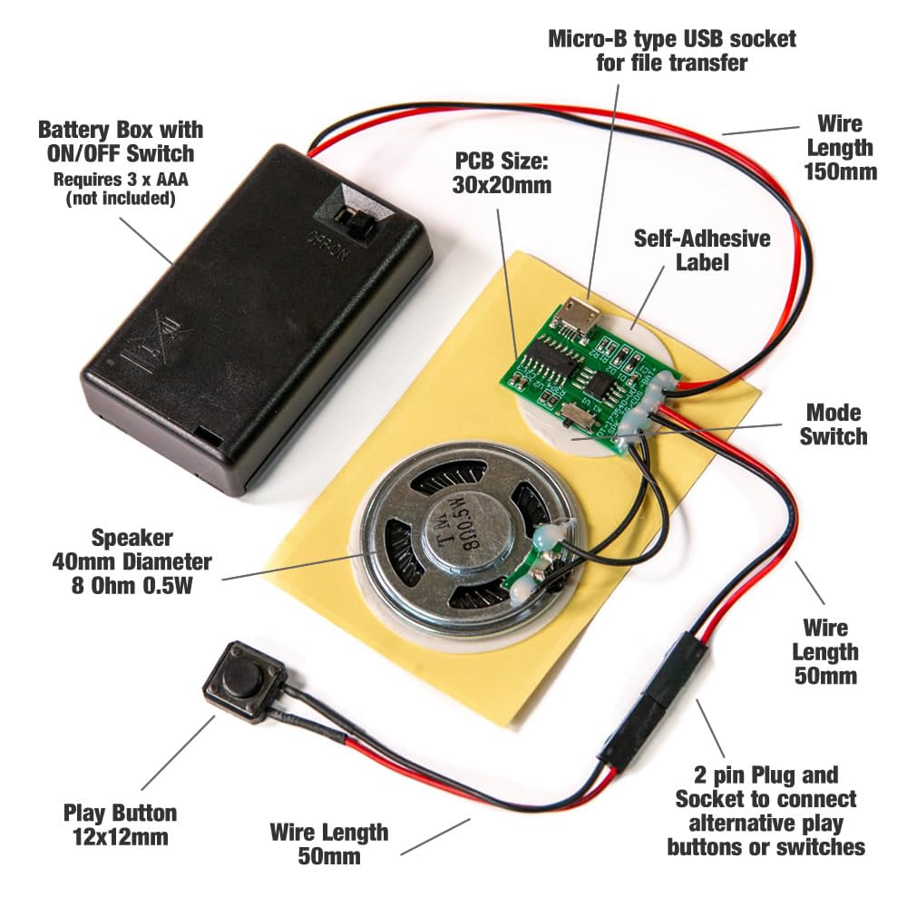 Talking Products, MP3 Sound Chip Module, 4MB Memory, with AAA Battery Box. Create Your own Personalised Gifts, Models or Cosplay Accessories (Push Button)