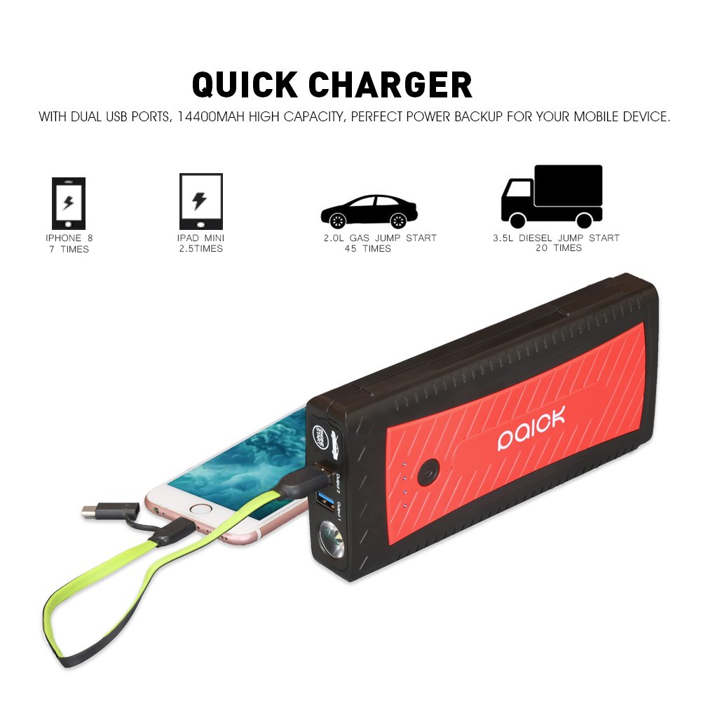 Paick Car Jump Starter 1300A Peak 3rd Generation QDSP Quick Discharge Start Power 12V Battery Booster (up to 8.0L Gas, 6.5L Diesel Engine)