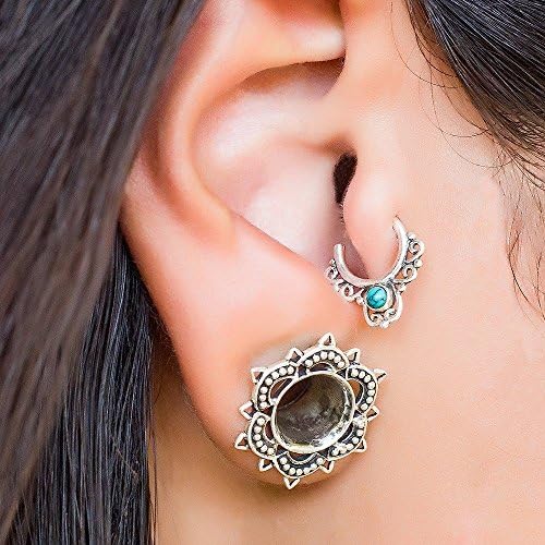 Sterling Silver Tragus Earring, Tribal Indian Hoop Ring Piercing inlaid with Turquoise Stone, fits Helix, Cartilage, Rook, 20g, Handmade Jewelry