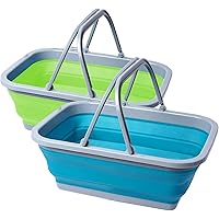 REDCAMP 2 Pack Collapsible Camping Sink, 9L Portable Wash Basin with Handle for Camping Hiking and Home, Blue and Green