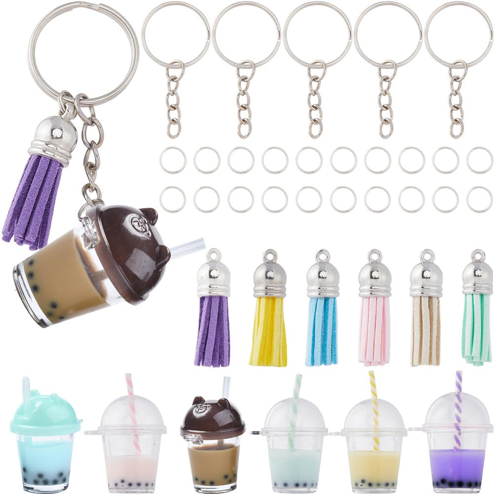 SUNNYCLUE 38Pcs DIY 6 Sets Milk Tea Charms Keychain Making Kit Sweet Cute Bubble Tea Keychain Kit Split Rings Boba Tea Bottle Cup Charms for Jewellery Making Kits DIY Keychains Crafts Gift Supplies