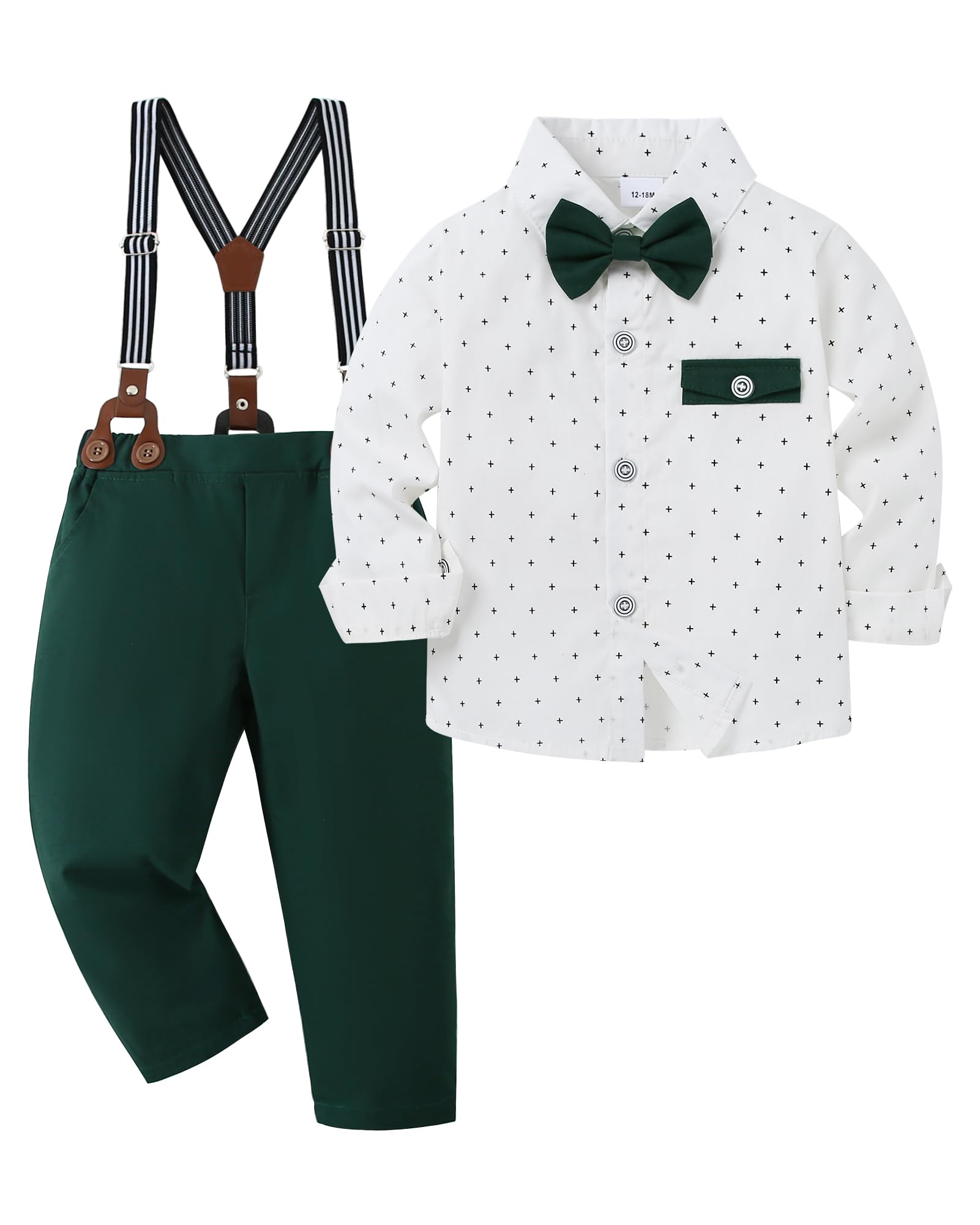 Photo 1 of DISAUR Toddler Boy Suits Gentleman Wedding Outfits,Formal Dress Shirt+Bowtie +Suspender Pants 12Months-5T(Green D,3-4T)