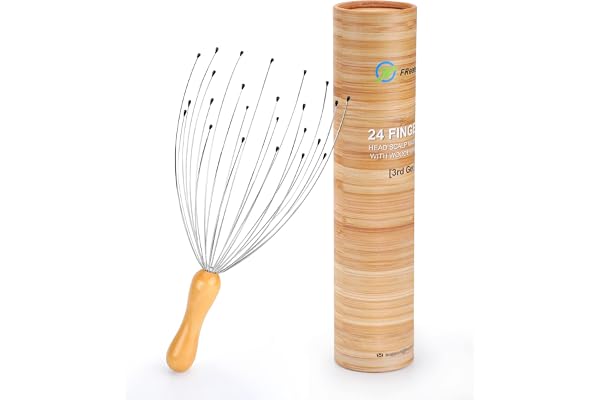 FREATECH 24 Fingers Head Massager Scalp Scratcher with Ergonomic Wooden Handle for Deep Relaxation and Stress Relief, Easy to