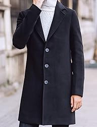 Tanming Mens Black Trench Coat Notched Lapel Single