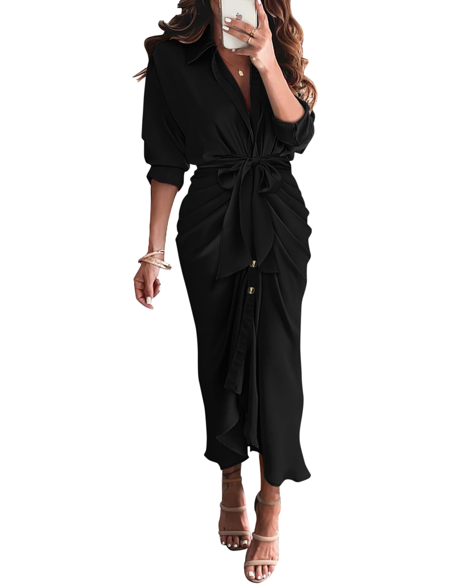 Photo 1 of (LARGE) (USED/FAIR) BTFBM Maxi Dresses for Women Fall 2025 Long Sleeve Lapel Neck Button Down Elegant Satin Belted Ruched Summer Shirt Dress(Black, Large)