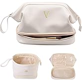Vogewood Bridesmaid Gifts for Women, Initial Makeup Bag,Gifts for Girls 12-14 Cosmetic Bag with Makeup Brush Organizer, Large Capacity PU Leather Travel Toiletry Bag, Initial Bags for Women