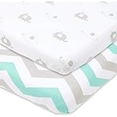 Bassinet Fitted Sheets Compatible with Chicco Lullago Bassinet and Chicco Close to You 3-in-1 Bedside Sleeper – Snuggly Soft Jersey Cotton – Fits Perfectly on 19 x 32 Mattress – Grey, Mint – 2 Pack