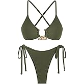 ZAFUL Women's Sexy Cutout Bikini Set High Cut Textured Metal Ring Cheeky Swimsuit Two Piece Bathing Suit