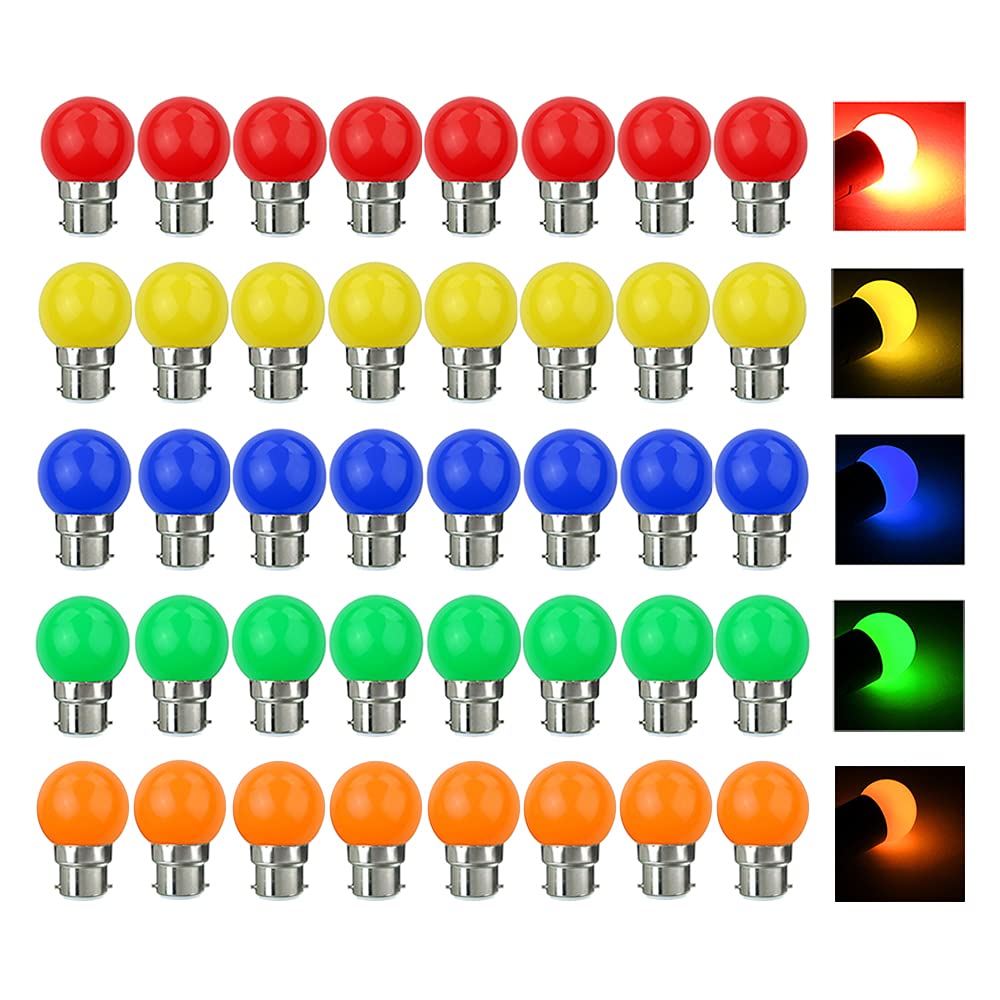 V-TOO LED 40 Pack Coloured Light Bulb B22 Bayonet 3W LED Light Bulbs Mood Ambiance Lighting for Home Decoration Party Patio Christmas Effect Lights Multi Colour Red Yellow Blue Green Orange