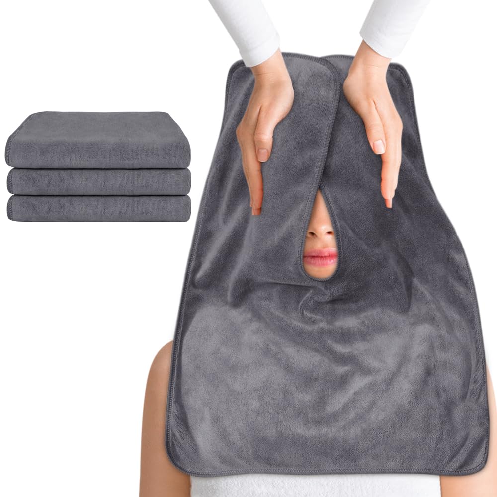 SINLAND Microfiber Esthetician Towels for Mask Removing Face Wrap Soft Facial Cloth with Split Design Spa Towels for Steam Massage and Cleansing 3Pack Grey