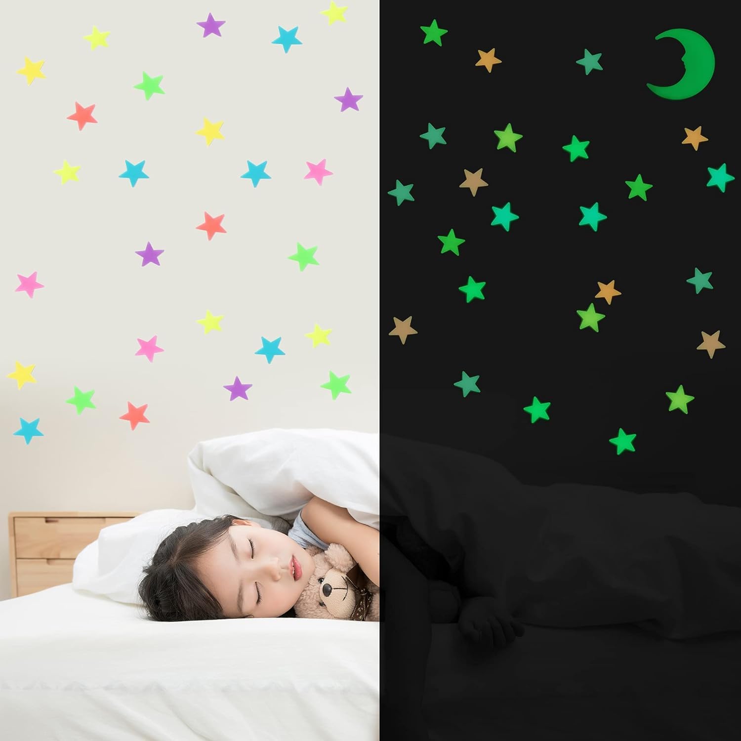 Glow in The Dark Stars, Glowing Stars Stickers of Wall Decor and Ceiling for Kids Room, Colorful Sticky Stars Create a Realistic Starry Sky