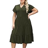 Nemidor Womens Plus Size Summer Midi Dress Tiered Casual Loose Swing Dresses with Ruffle Sleeve and Pocket 16-26