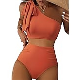 Herseas Women's One Bow Shoulder Bikini Sets 2 Piece Ruched Swimsuit Elegant Bathing Suit