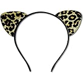 Huachi Cheetah Ears Headband for Women Glitter, Leopard Ears Costume Halloween Cat Ear Headband Cheetah Accessories