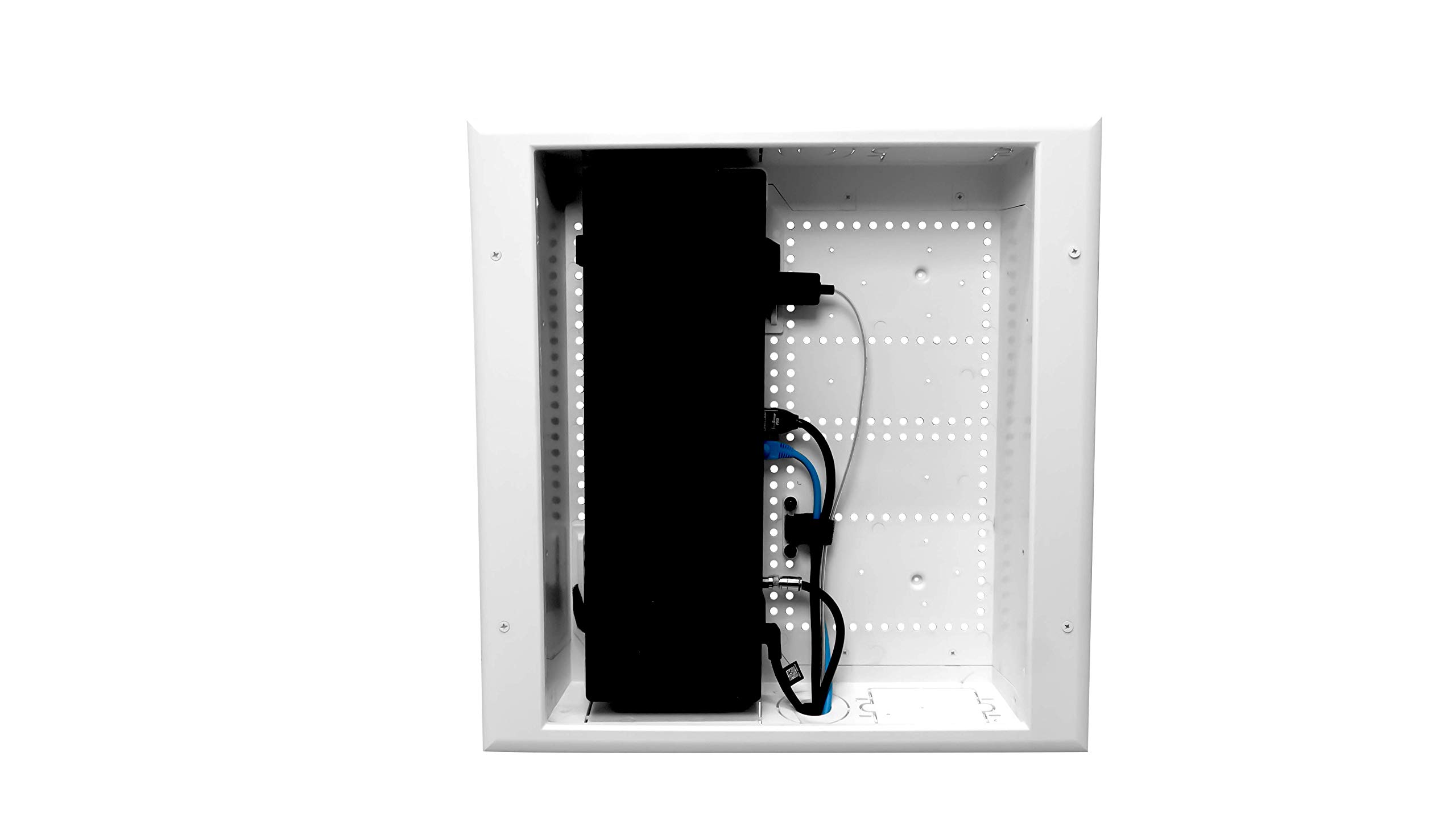 DATA COMM 45-8021-1S In Wall Connected Media Box - Recessed TV Outlet Box with Built-In Duplex Surge Protector Receptacle, High-Speed Connectivity Hub, Cable Management, Easy DIY Installation