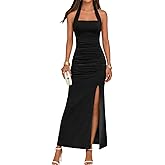 MEROKEETY Women's Wedding Guest Dress Summer Sleeveless Halter Backless Slit Ruched Beach Cocktail Formal Maxi Dresses