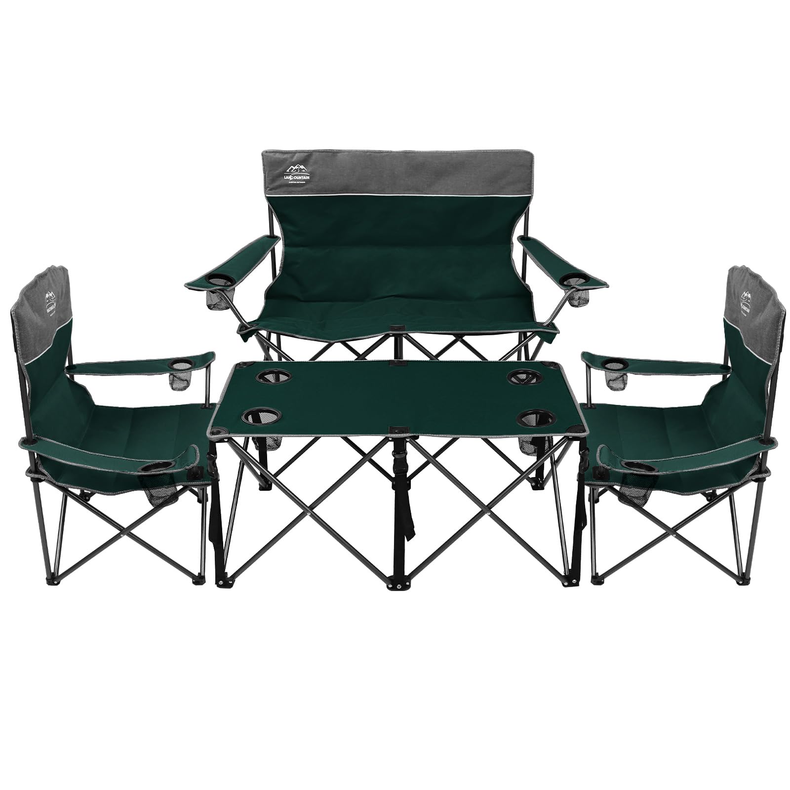 Photo 1 of LANMOUNTAIN Oversized 4 Pcs Camping Chair Set with Table,Outdoor Folding Heavy Duty Lawn Chair,Cup Holder,Portable,Loveseat Chair Perfect for Family Hiking,Picnics and Beach Trips,Dark Green