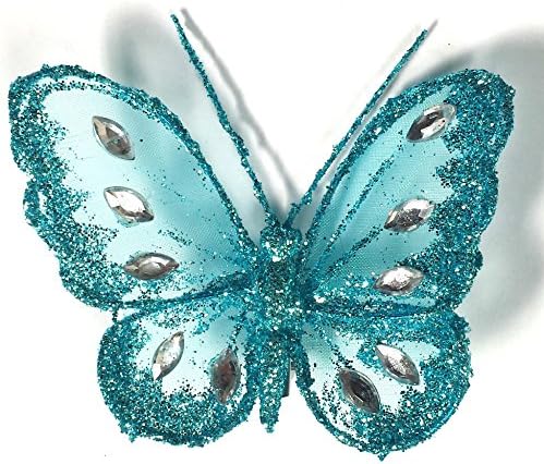Butterflies With Glitter Diamante Body And Clip On Butterfly Reverse (Teal)