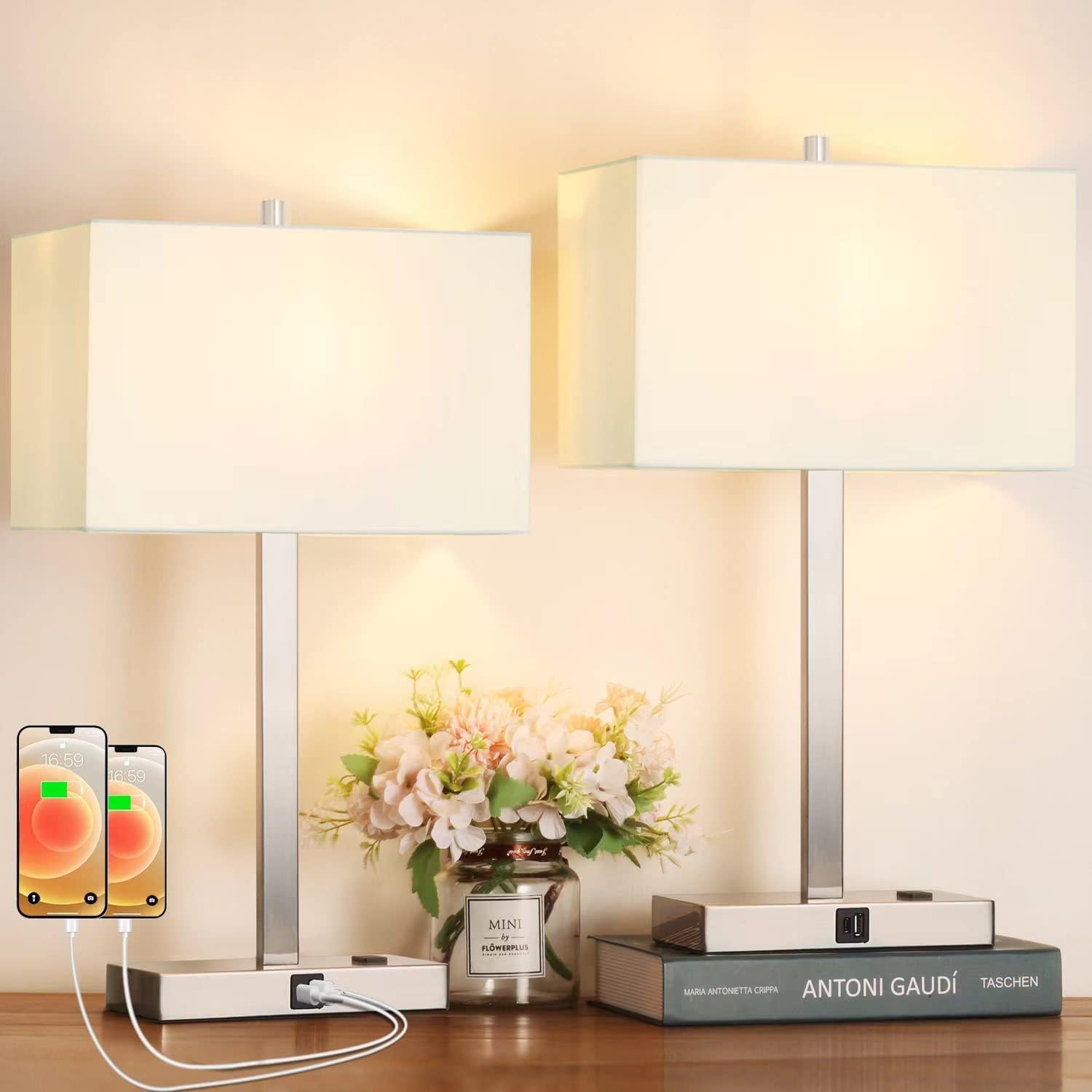 Photo 1 of 21" Touch Bedside lamps with 2 USB & AC Outlets, 3-Way Dimmable Bedside Table Lamps Set of 2 for Bedroom Living Room Office Reading, White Shade Lamps for Night Stands, 3000K LED Bulbs Included