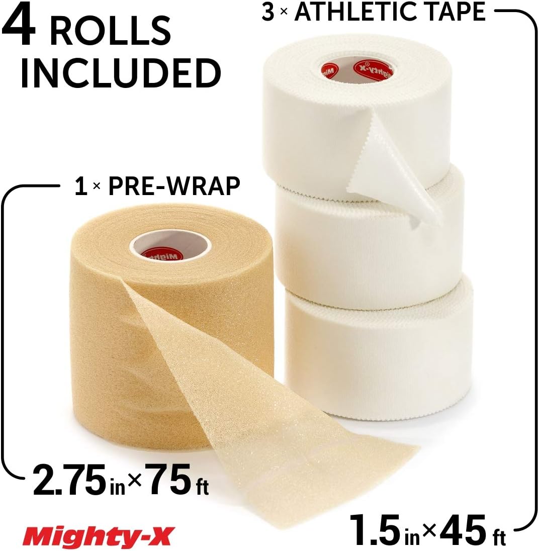 Mighty-X White Athletic Tape + PreWrap - 4 Pack - Easy to Tear with No Sticky Residue - Used as: Ankle Tape, Climbing Tape, Boxing Tape - Sports Tape Athletic - 1.5in x 45ft: Sports & Outdoors