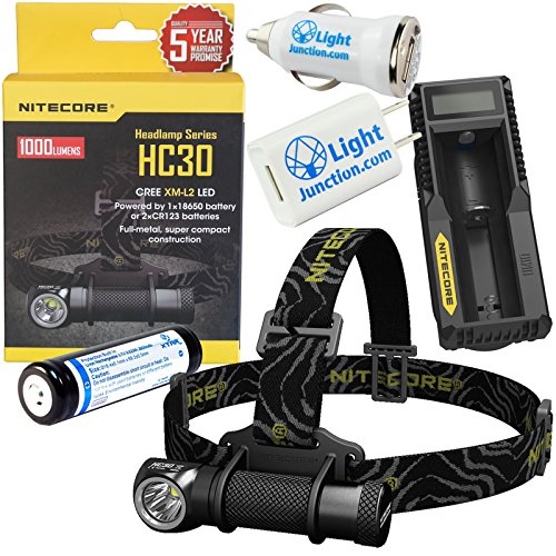 BUNDLE: NiteCore HC30 1000 Lumen CREE XM-L2 LED Headlamp with Xtar 18650 2600mAh Battery, UM10 Charger, USB Wall and Car Plugs, and LightJunction Battery Case