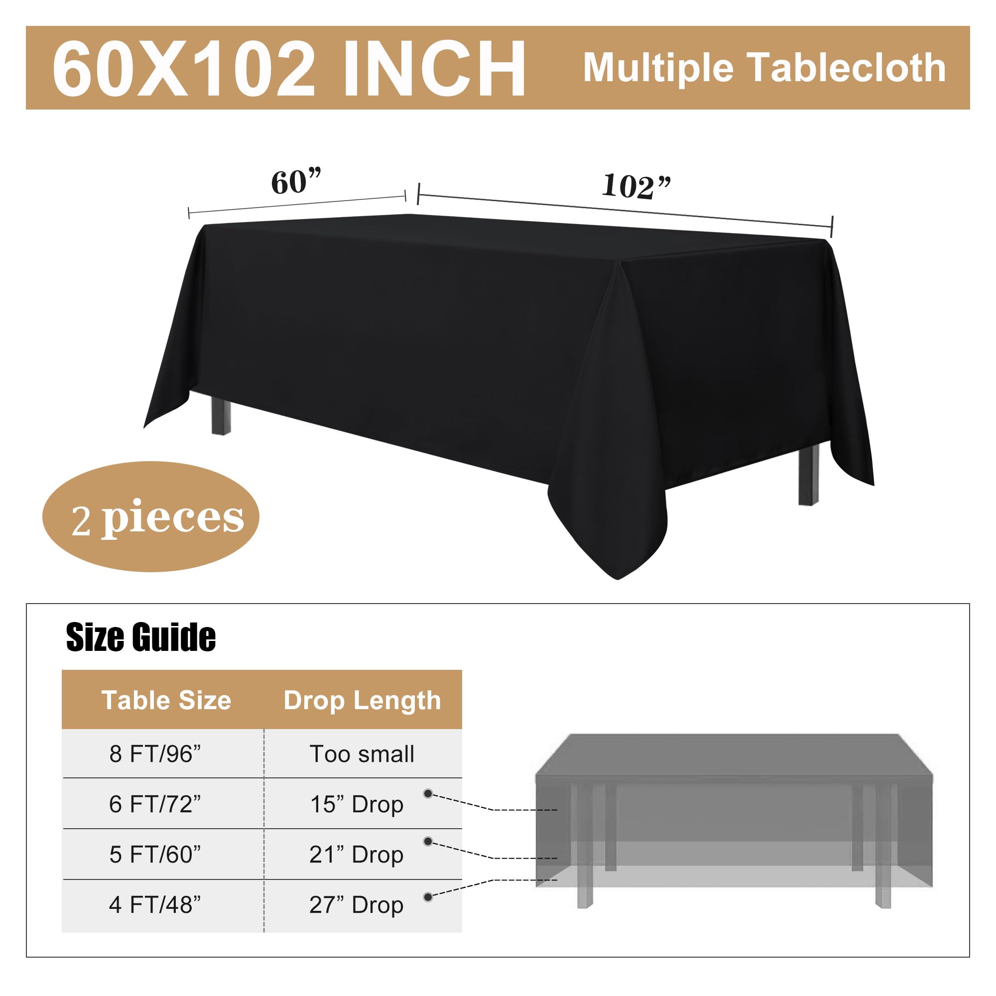 sancua 2 Pack Black Tablecloth 60 x 102 Inch, Rectangle 6 Feet Table Cloth - Stain and Wrinkle Resistant Washable Polyester Table Cover for Dining Tables, Buffet Parties and Camping