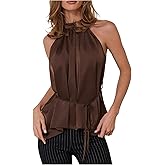 MakeMeChic Women's Satin Halter Top Silk Sleeveless Belted Business Dressy Tops