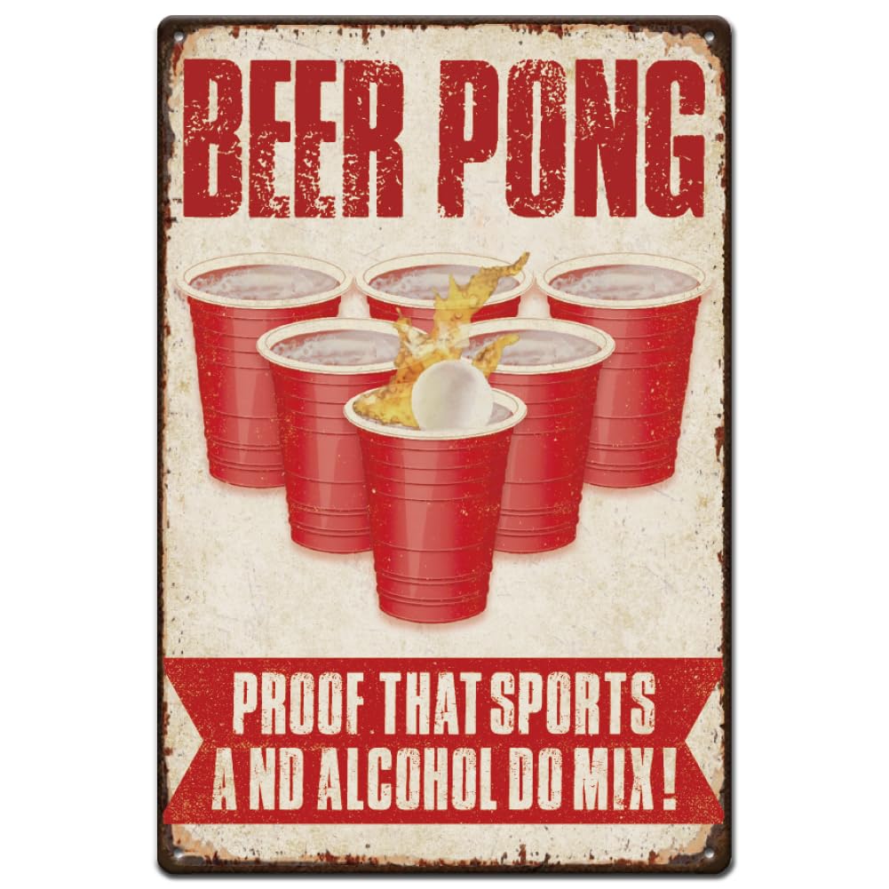 SUPERDANT Beer Pong Tin Sign Proof that Sports and Alcohol Do Mix Vintage Metal Signs Funny Wall Art Poster Metal Decor for Bar Garages Gaming Rome Farmhouse Home Fence Room Outside