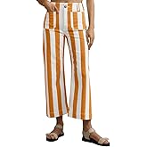 Tankaneo Womens Cropped Striped Jeans Casual High Waisted Stretchy Polka Dots Straight Leg Denim Pants with Pockets