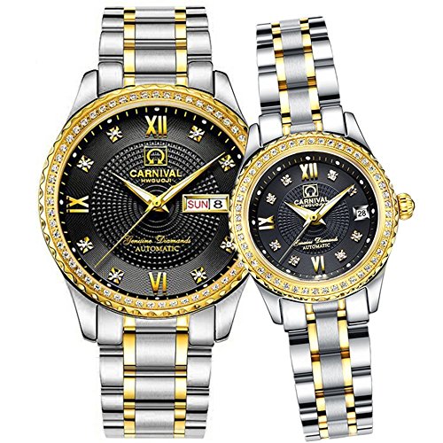 Men and Women Automatic Mechanical Watch Couple Sapphire Glass Watches Romantic for Her or His Gift Set 2 (Silver Gold Black)
