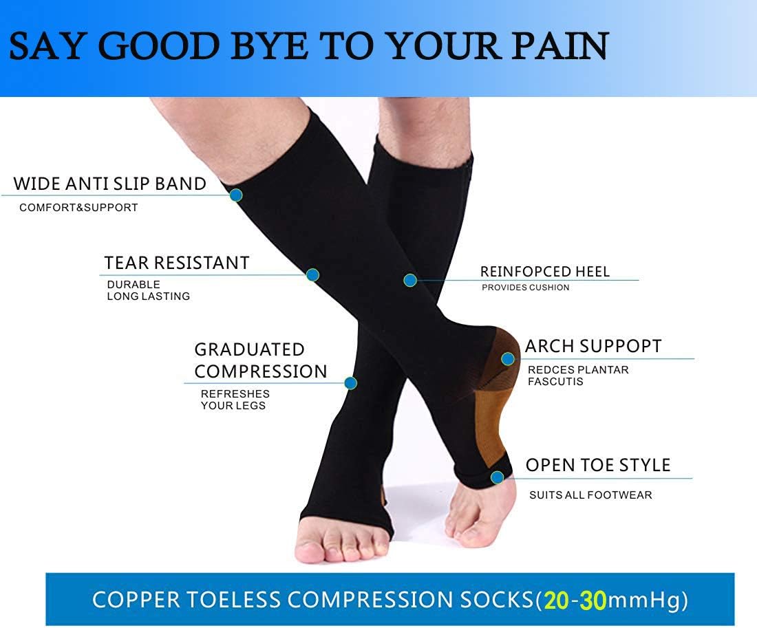Copper Compression Socks, Open-Toe 20-30mmHg Graduated Compression Stockings for Men Women（3 Pairs) - Best for Athletic, Running, Flight, Travel, Nurses,Edema (Black - 3 Pairs, L/XL): Health & Personal Care