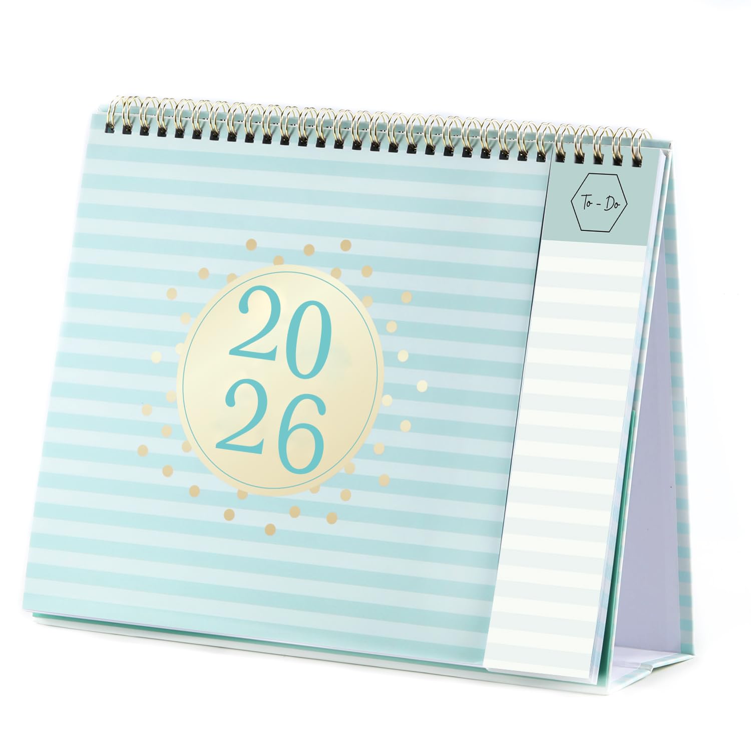 Desk Calendar 2026 - Desktop Calendar 2026 from January 2026 to December 2026, Running weekly memo page, 25.3 x 20.5 x 7.8 cm, Home study office blue stripes.