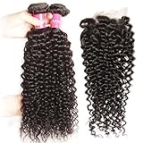 Sunber 6A Unprocessed Brazilian Curly Virgin Human Hair with Free Part Lace Closure Pack of 4 Remy Human Hair Natural Color (20 20 20+18inch closure)