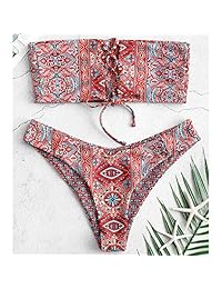 Bikini de dama con estampado étnico floral y cordones, reversible, de corte alto