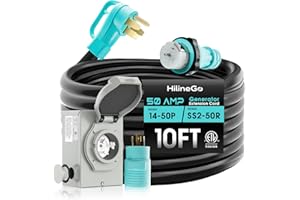 HILINEGO 50 Amp Generator Cord 10FT and Power Inlet Box, 125V/250V Extension Power Cord, NEMA 14-50P/SS2-50R Twist Lock Connector, NEMA SS2-50P Pre-Drilled Inlet Box for Generator to House, ETL Listed