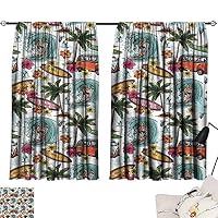 Anzhutwelve Valance Curtains Ocean Decor,Hawaiian Decor Surfer on Wavy Deep Sea Retro Palms Flowers Surfing Boards Print,Multicolor W55 x L39 Blackout Window Treatment