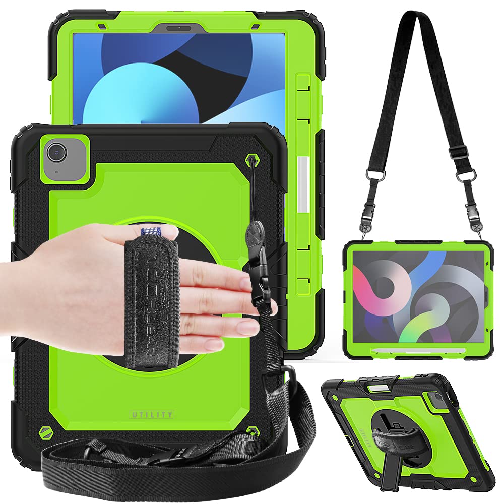 TECHGEAR UTILITY Case for iPad Air 10.9" 5th & 4th Generation 2022/2020, Tough Rugged HEAVY DUTY Armour Shockproof Case with 360 Rotating Stand, Hand Strap and Shoulder Strap - Green