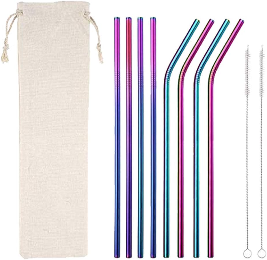 Metal Straws Stainless Steel Straws,8 10.5" Rainbow Multi-Colored Reusable Drinking Straws for 30/20oz Tumbler Cold Beverage,FDA-Approved Metal Straws for Drinks(4 Straight+4 Bent +2 Brushes+1 Pouch)