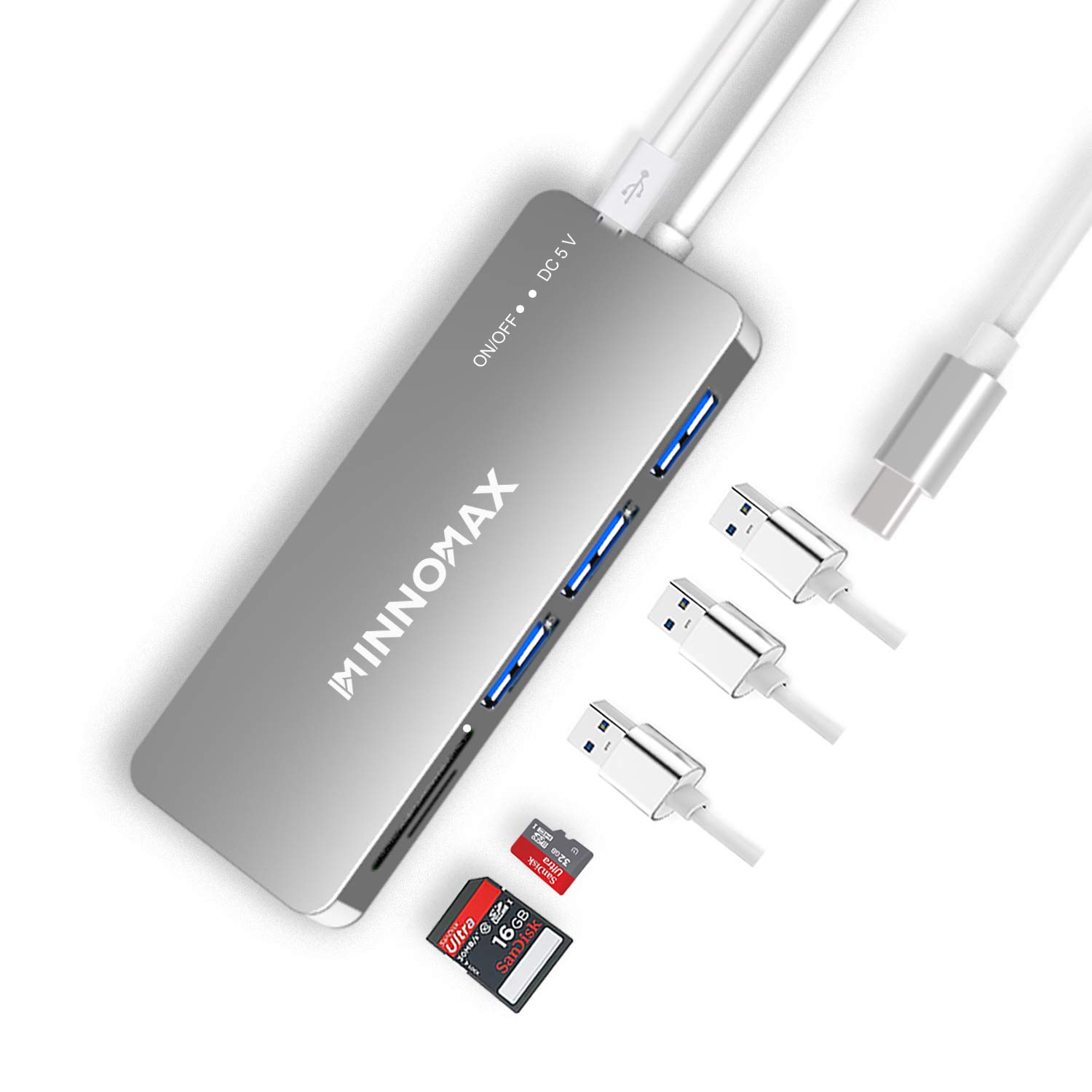 INNOMAX MacBook Pro Powered USB C Hub/Adapter with Smart SD Card Reader,3 USB 3.0 Ports for New MacBook Pro13”15” 2016 2017 with Thunderbolt3 Ports,Apple MacBook12”and Computer withUSB C Port,Silver