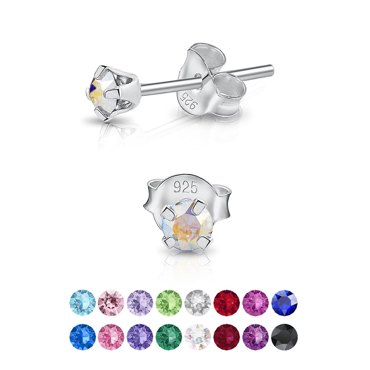 925 Sterling Silver Round Tiny Stud Earrings made with Glittering Crystals - Small Silver Studs Earrings for Woman - Diameter: 3 mm - Colour : Aurora Borealis