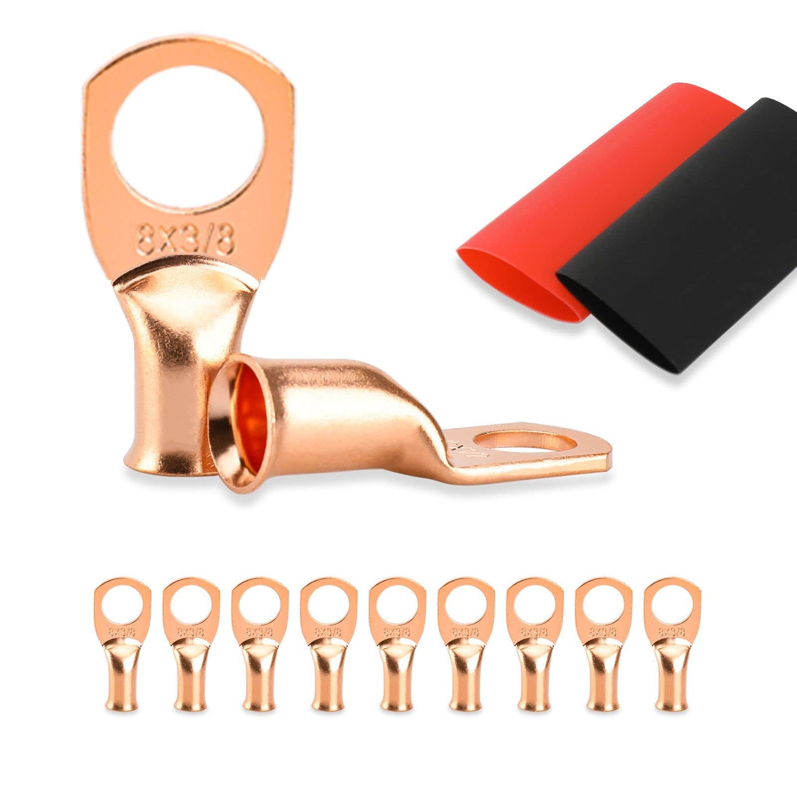 Photo 1 of 10PCS Battery Cable Ends, 8 Gauge Wire Connectors 3/8 Copper Wire Lugs, Bare Copper Eyelets with Heat Shrink Tubing by HOUSUN