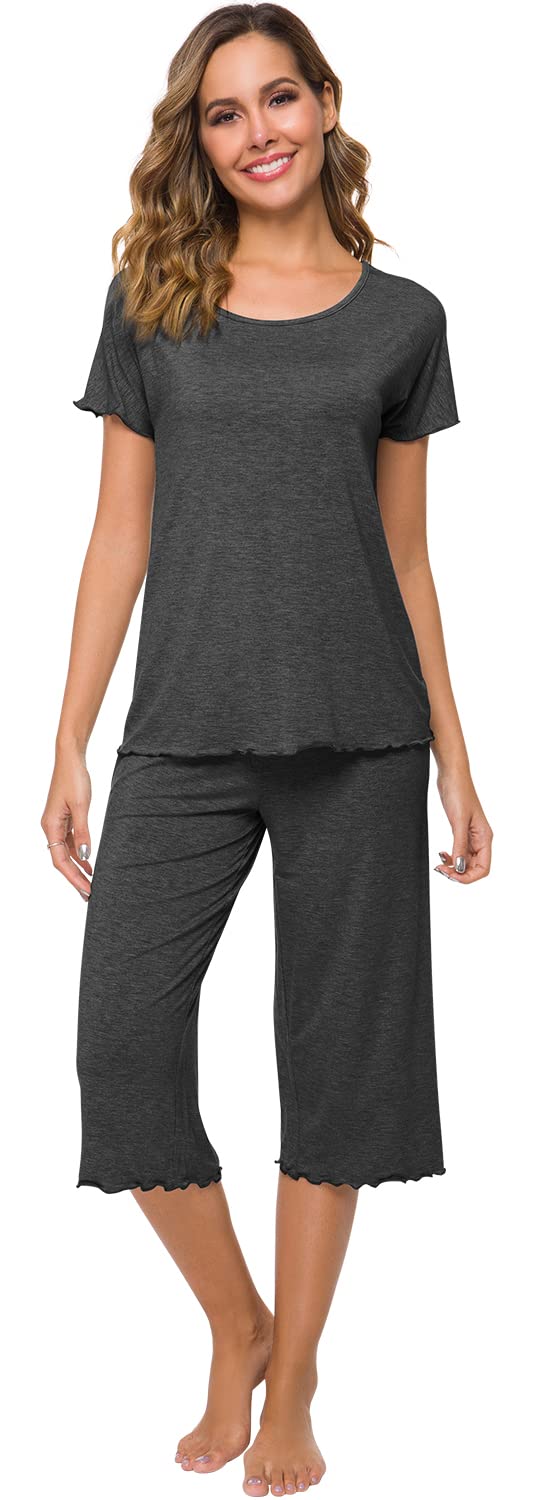 WiWi Cooling Pajamas for Women Soft Bamboo Viscose Lounge Sets Short Sleeve Top Capri Pants Pjs Sleepwear S-4X, Charcoal Heather, Large Image